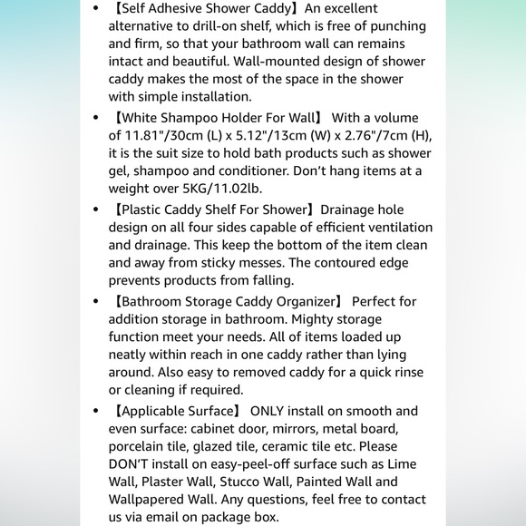 BNIB Adhesive Shower Caddy Shelf Bathroom Wall Holder Storage Organizer White - Picture 8 of 8